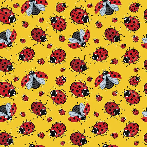 Vector illustration of Corel seamless pattern. Cartoon ladybugs red on a yellow background