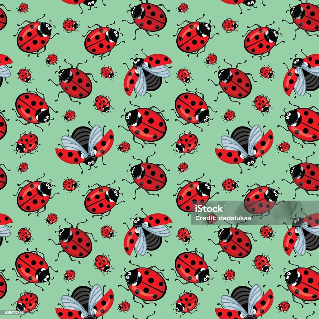 Corel seamless pattern. Cartoon red ladybugs on a blue background Corel seamless pattern ladybugs on a blue background. Many beetles crawl and fly. Ladybugs red with black dots. Background goubogo restrained color shades of mint. The picture can be used for a background, wallpaper, and for the production of other printed matter. Abstract stock vector