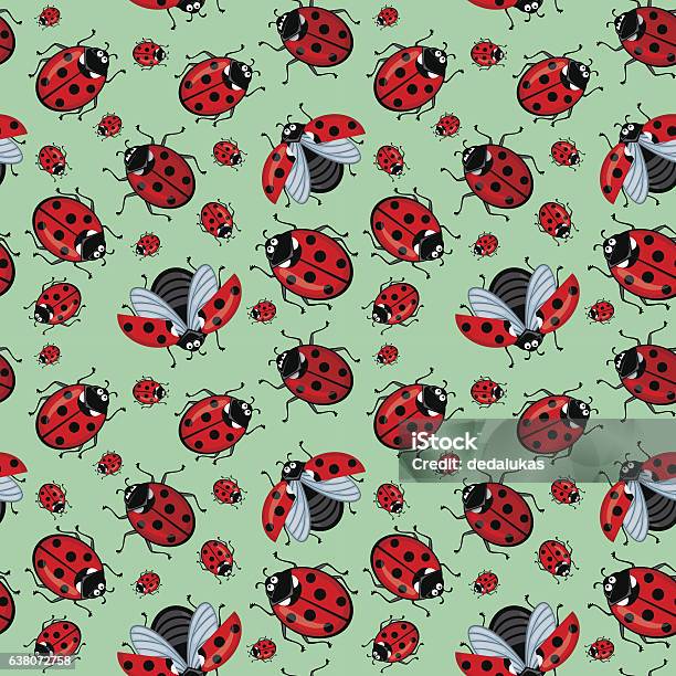 Corel Seamless Pattern Cartoon Red Ladybugs On A Blue Background Stock Illustration - Download Image Now