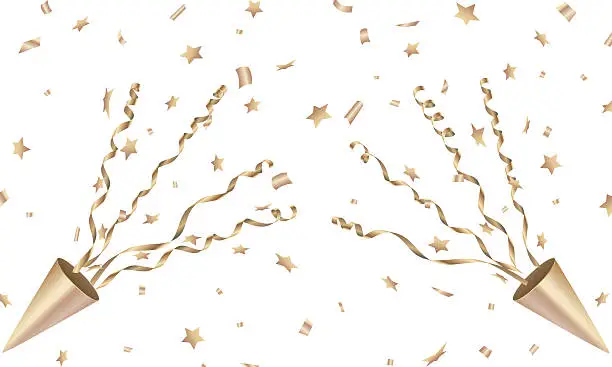 Vector illustration of Exploding gold party popper with star confetti and streamer