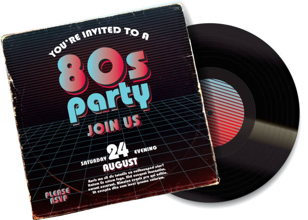 ilustraciones, imágenes clip art, dibujos animados e iconos de stock de plantilla de diseño de invitación de fiesta de los años 80 en la manga de registro desgastada - disco audio analógico