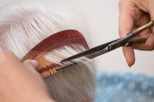 Hair stylist cutting senior woman's gray hair