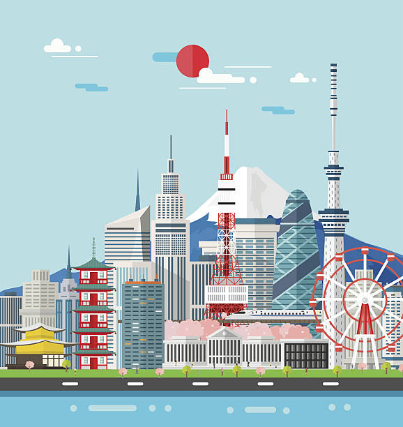 япония зданий путешествия место и ориентир. векторная иллюстрация. - landmark tower tokyo prefecture japan asia stock illustrations