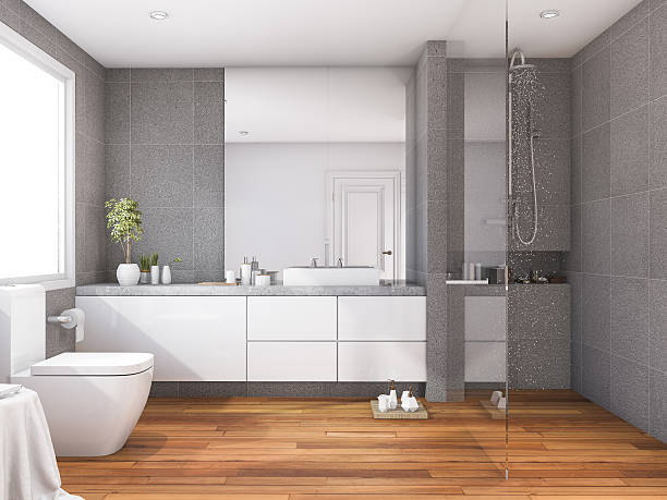 3d rendering tropical and modern style wood bathroom near window 3d rendering by 3dsmax looking in mirror stock pictures, royalty-free photos & images