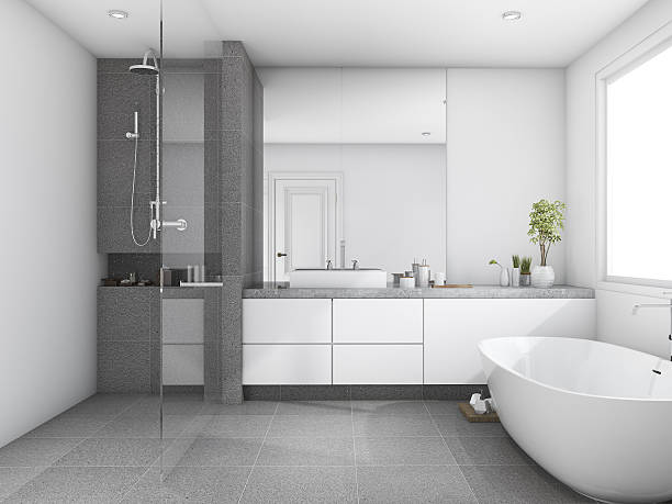 3d rendering luxury and modern style wood bathroom near window