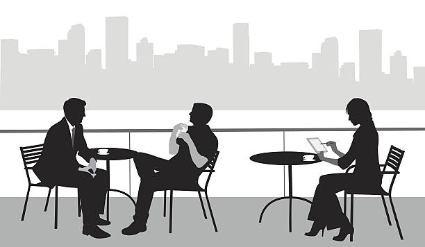 Waterfront Cafe Work A vector silhouette illustration of a young woman using a tablet while sitting at an outdoor cafe patio with two other business men sitting at another table.  The patio overlooks a body of water with a city scape in the background. lunch silhouettes stock illustrations