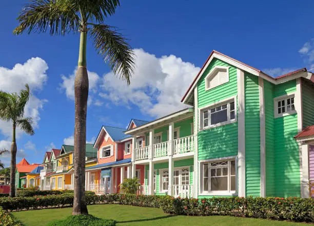 The wooden houses painted in Caribbean bright colors in Samana, Dominican Republic