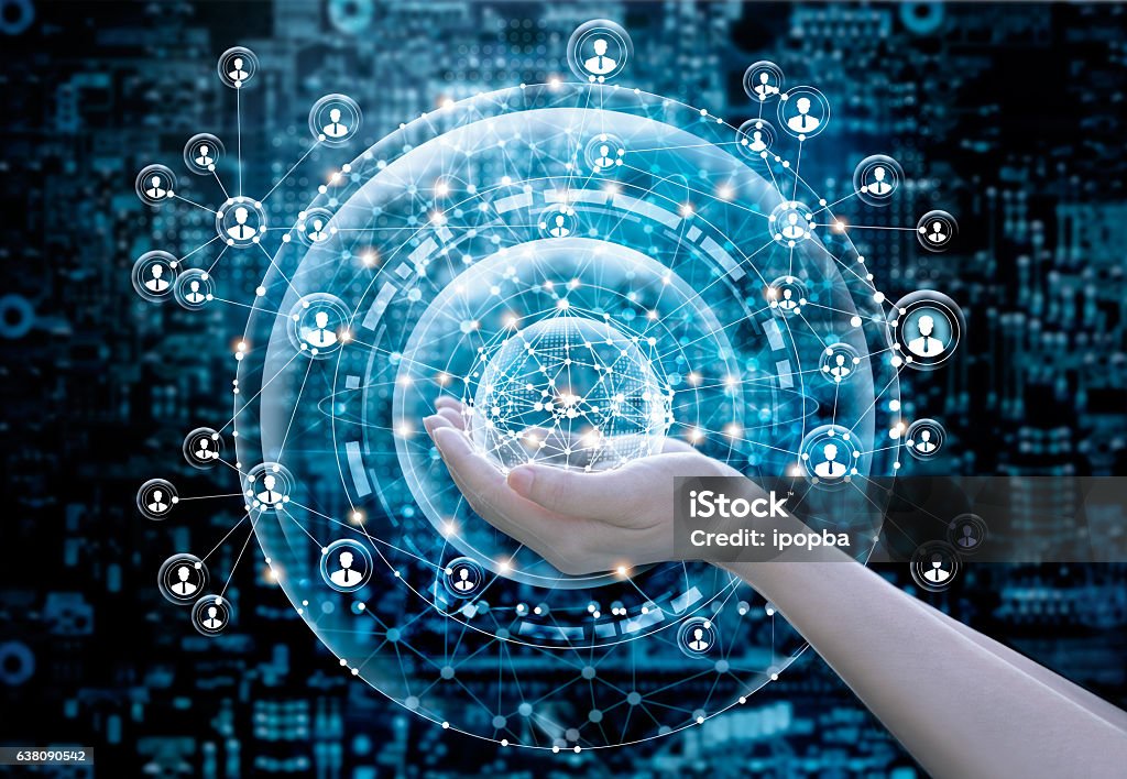 Hands holding on abstract circle global business network connection Business Stock Photo