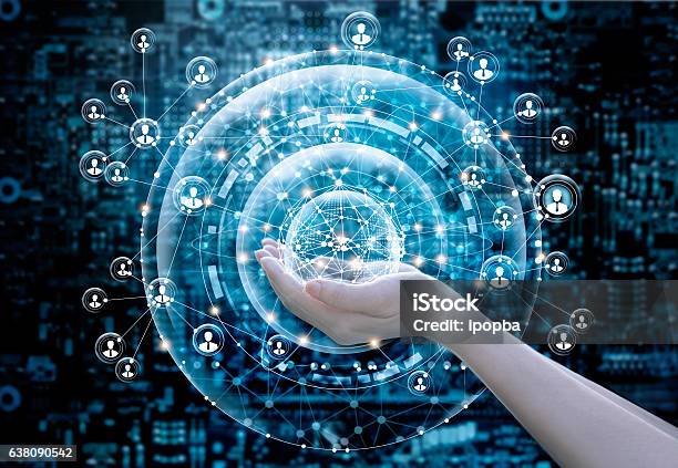 Hands Holding On Abstract Circle Global Business Network Connection Stock Photo - Download Image Now
