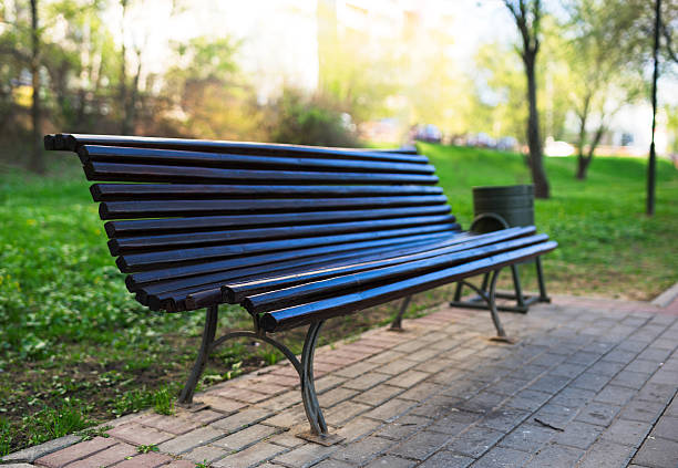 istock Diagonal park bench bokeh background with light leak 638093416