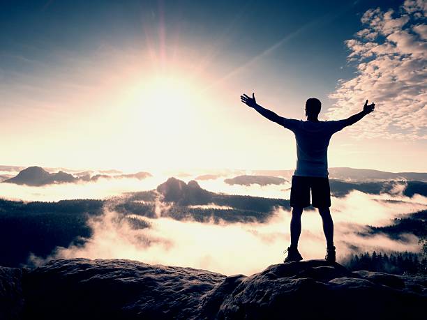 istock Happy man gesture raised arms. Funny hiker with raised hands 638097882