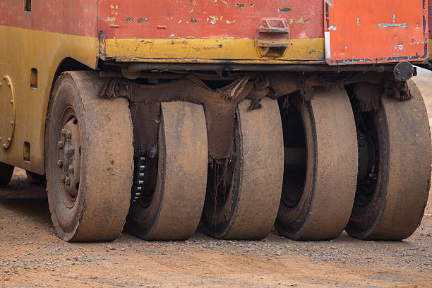 istock Pneumatic tyred roller compactor prepare for road repairing 638098928