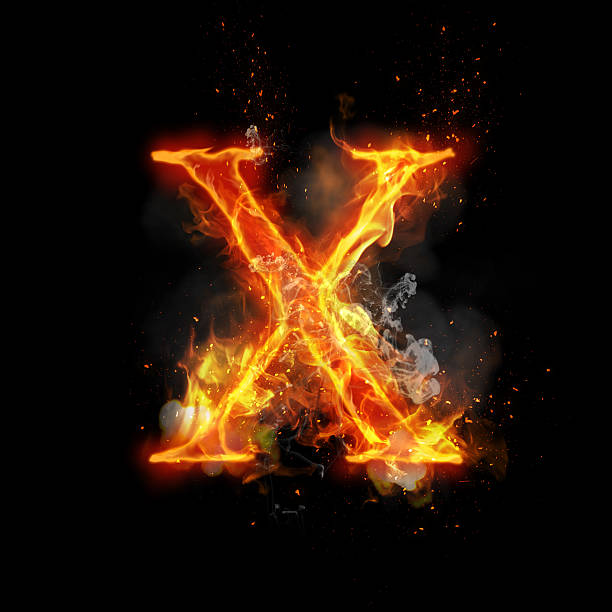 Fire letter X of burning flame light Fire letter X of burning flame. Flaming burn font or bonfire alphabet text with sizzling smoke and fiery or blazing shining heat effect. Incandescent hot red fire glow on black background fire inferno typescript alphabet stock pictures, royalty-free photos & images