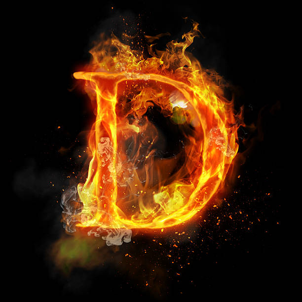 Fire letter D of burning flame light Fire letter D of burning flame. Flaming burn font or bonfire alphabet text with sizzling smoke and fiery or blazing shining heat effect. Incandescent hot red fire glow on black background fire inferno typescript alphabet stock pictures, royalty-free photos & images