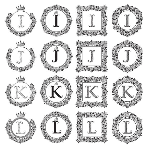 ilustraciones, imágenes clip art, dibujos animados e iconos de stock de conjunto de monogramas vintage de la letra i, j, k, l. - letter i letter j letter k letter l