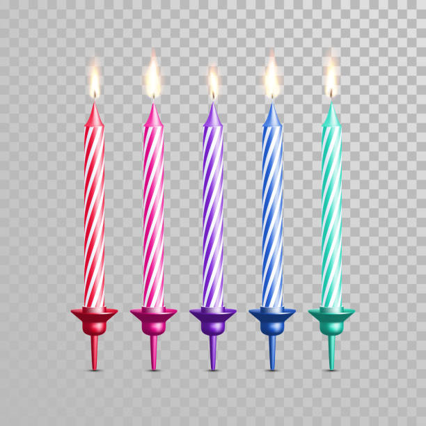 Birthday cake candles color vector set Decorative candles for birthday cake with stripes. Vector 3D realistic isolated candle with candlestick and burning flames on transparent background. Wedding tart cake decoration element kerosene fuel stock illustrations