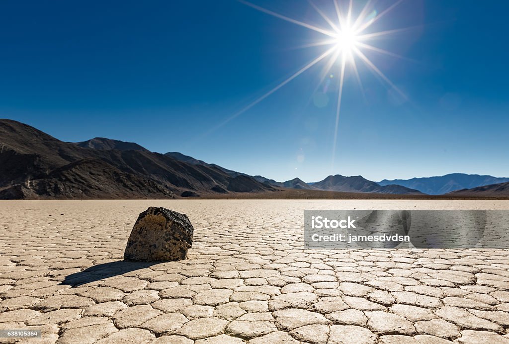 Lone Sailing rock at Racetrack Playa A lone "sailing rock" sits basking in the bright unrelenting sun at Racetrack Playa in Death Valley National Park, California Death Valley National Park Stock Photo