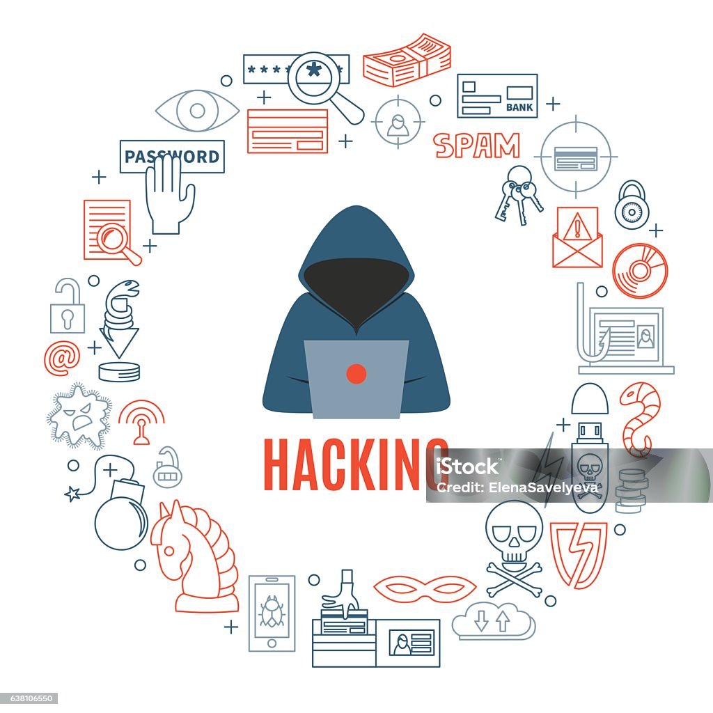 Hacking And Cyber Crimes Round Vector Illustration Stock Illustration ...