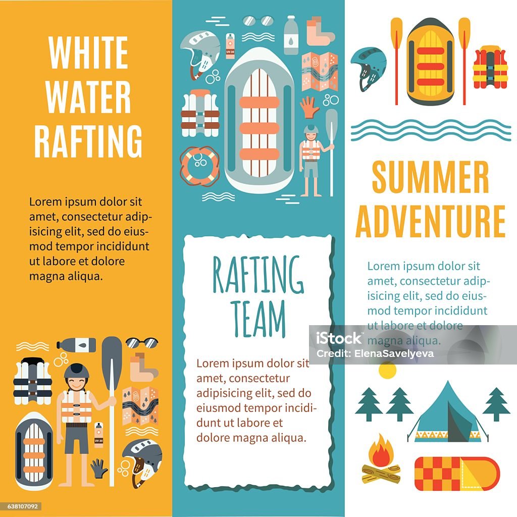 White water rafting - Set of vertical banners Modern set of verticall banner template for white water rafting. Colorful vector illustration, flat design. Icons for map, campfire, tent, raft and oars, stopwatch etc. Could be used for ads or web. Rafting stock vector