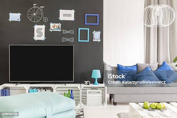 Living Room With Television Stock Photo - Download Image Now - Apartment, Arts Culture and Entertainment, Black Color