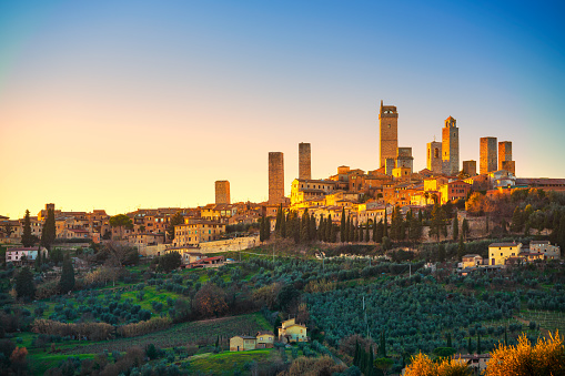 San Gimignano town skyline and medieval towers sunset. Italian olive trees in foreground. Tuscany, Italy, Europe.
