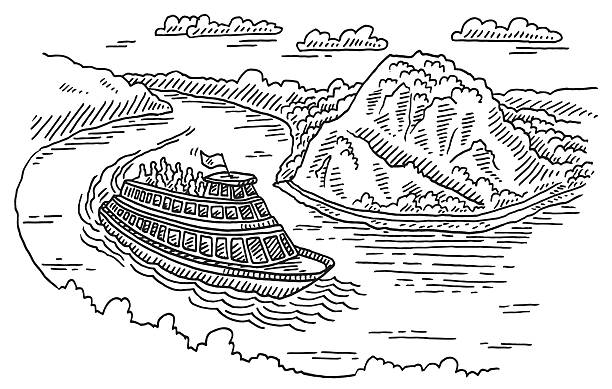 ilustrações de stock, clip art, desenhos animados e ícones de boat at loreley rock rhine river drawing - rhine gorge
