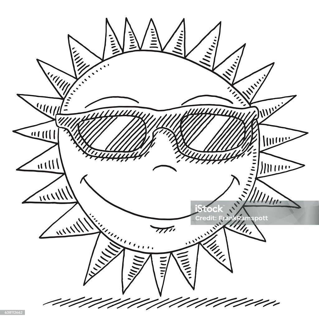 Cartoon Summer Sun With Sunglasses Drawing Stock Illustration - Download  Image Now - Sun, Sketch, Black And White - iStock
