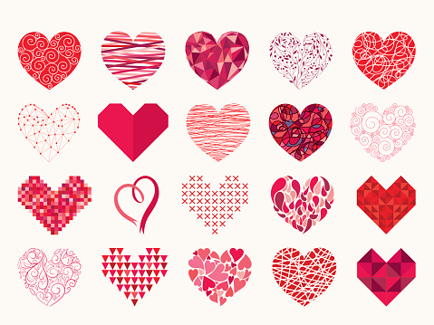 A collection of twenty different hearts shapes