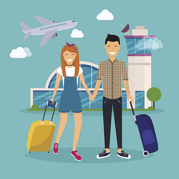 Young Couple traveling with travel bag, holding passport Young Couple traveling with travel bag, holding passport and tickets. Airport. Travel and tourism. Flat design modern vector illustration concept. business casual fashion stock illustrations