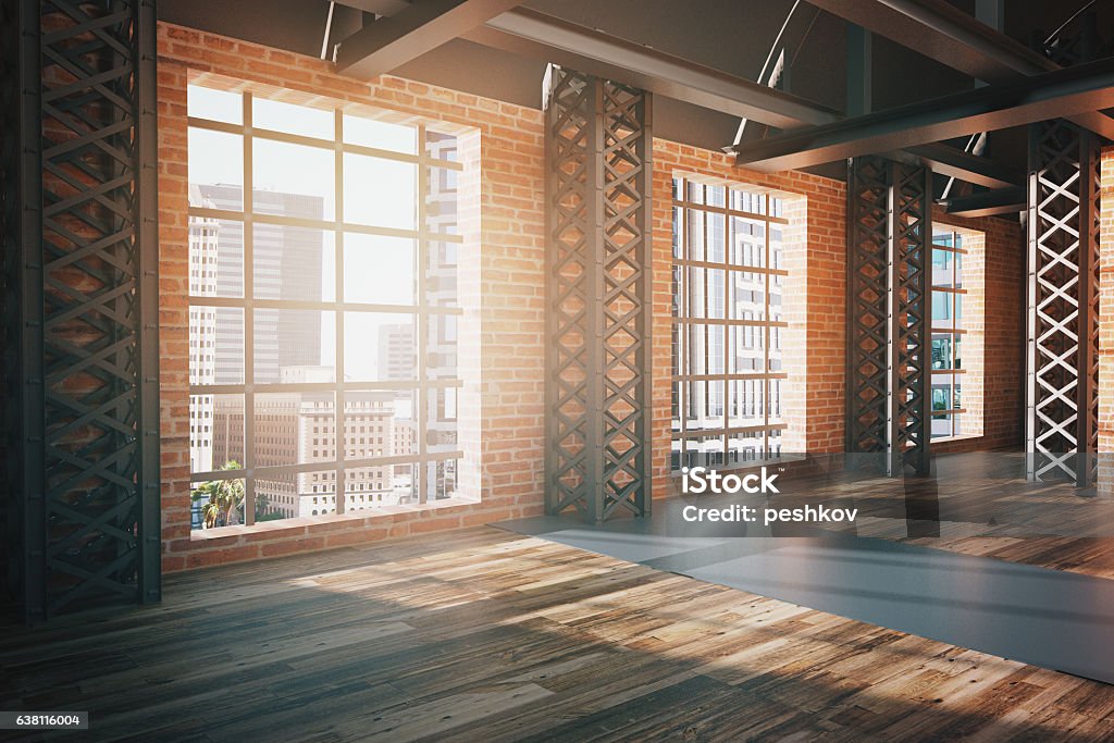 Red brick interior with city view side Side view of modern red brick interior with wooden floor and panoramic window with city view. Side view, 3D Rendering Airplane Hangar Stock Photo