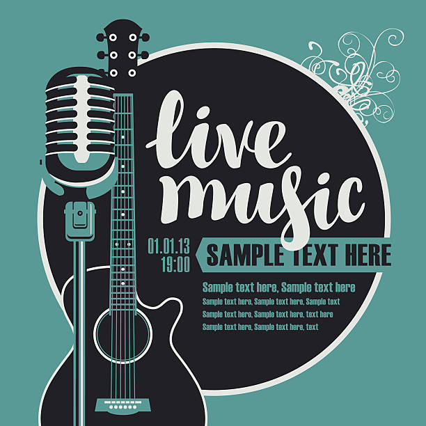 stockillustraties, clipart, cartoons en iconen met acoustic guitar and a microphone - live evenement illustraties