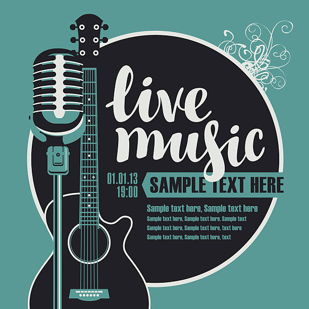 acoustic guitar and a microphone Banner with an acoustic guitar and a microphone for the concert of live music microphone designs stock illustrations
