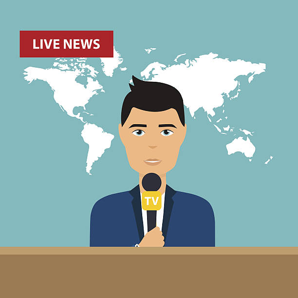 istock Male TV presenters sit at the table. Live news. 638116058