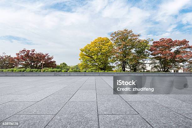 Empty Brick Floor Near Park In Cloud Sky Stock Photo - Download Image Now - Public Park, Street, Sidewalk