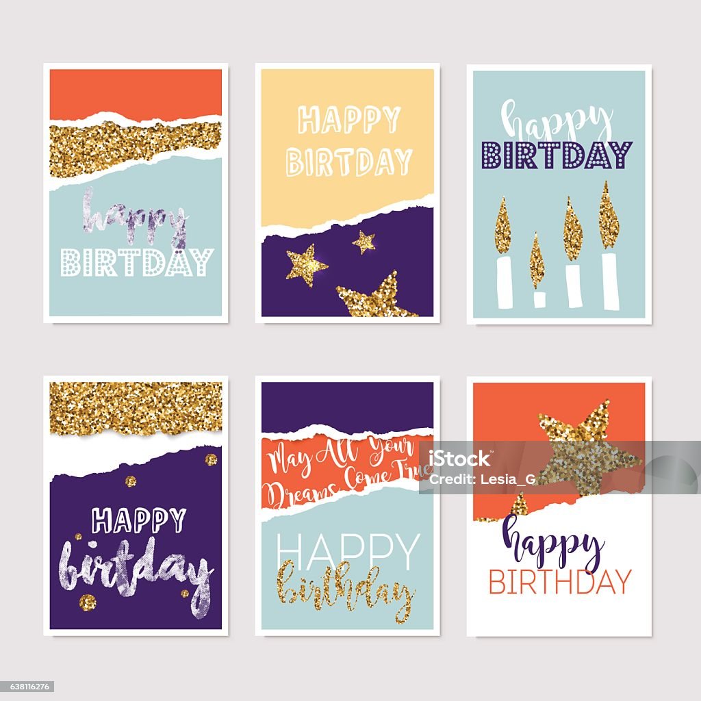Set di biglietti d'auguri di compleanno con design glitter oro. vettore - arte vettoriale royalty-free di Cartolina di buon compleanno
