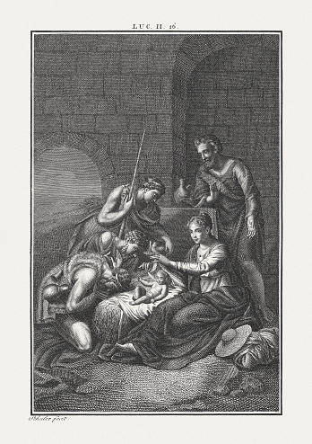 The Shepherds at the crib (Luke 2). Copper engraving by Carl Schuler, published c. 1850.