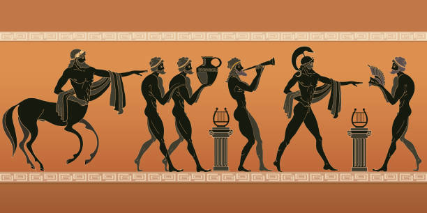 Ancient Greece. Black figure pottery. Ancient Greece scene. Black figure pottery. Ancient Greek mythology. Centaur, people, gods of an Olympus. Classical Ancient Greek style classical greek stock illustrations