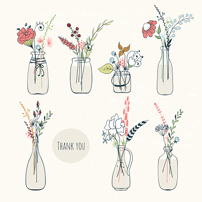 Abstract flower bouquets in bottles. Vintage colors. Vector floral elements.