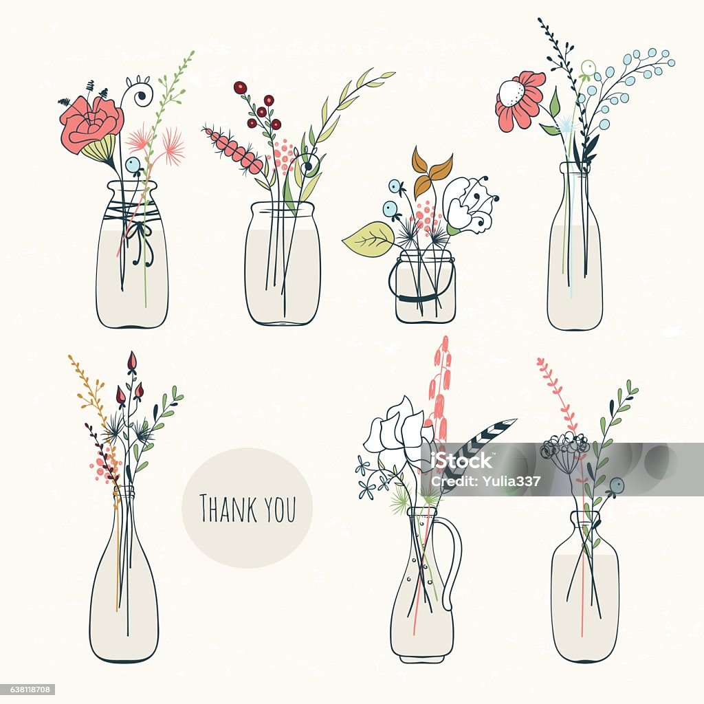 Set of bottles with flowers Abstract flower bouquets in bottles. Vintage colors. Vector floral elements. Flower stock vector