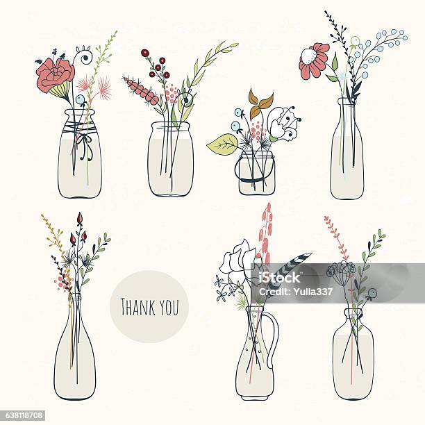 Set Of Bottles With Flowers Stock Illustration - Download Image Now - Flower, Vase, Bottle