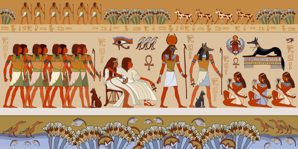 Egyptian gods and pharaohs. Murals ancient Egypt. vector art illustration