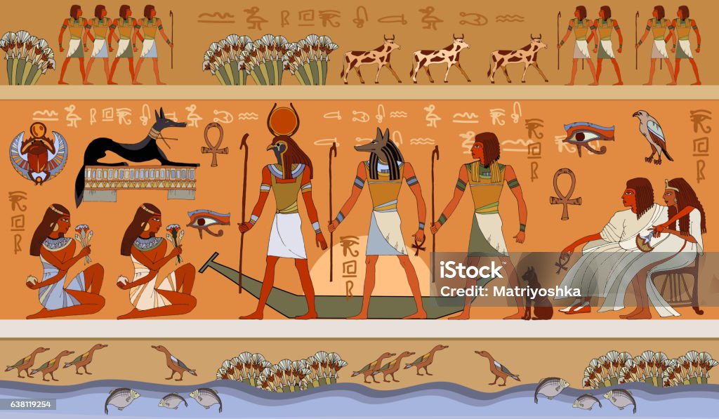 Ancient Egypt scene, mythology Egyptian gods and pharaohs. Ancient Egypt scene, mythology. Hieroglyphic carvings on the exterior walls of an ancient temple. Murals ancient Egypt. Egypt stock vector