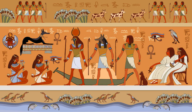 Ancient Egypt scene, mythology Egyptian gods and pharaohs. Ancient Egypt scene, mythology. Hieroglyphic carvings on the exterior walls of an ancient temple. Murals ancient Egypt. ancient egyptian culture stock illustrations