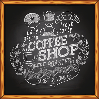 Coffee shop, cafe & bakery poster on chalkboard