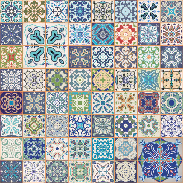 illustrations, cliparts, dessins animés et icônes de magnifique design de patchwork floral. ornements de carreaux carrés colorés. arrière-plan transparent. - spanish tiles