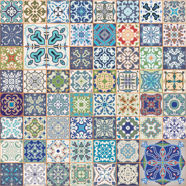 Gorgeous floral patchwork design. Colorful square tiles ornaments. seamless background. Gorgeous floral patchwork design. Colorful Moroccan or Mediterranean square tiles, tribal ornaments. For wallpaper print, pattern fills, web background, surface textures.  Indigo blue white teal aqua. mexican tile cross stock illustrations