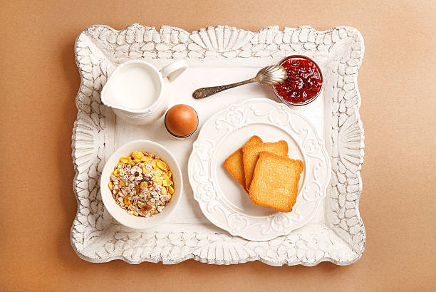 Breakfast on wooden tray. Top view