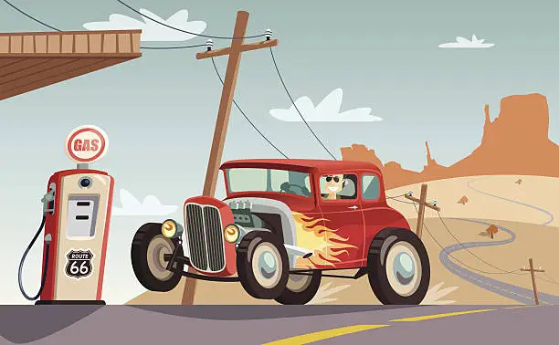 Vector illustration of Hot rod car in Route 66 desert