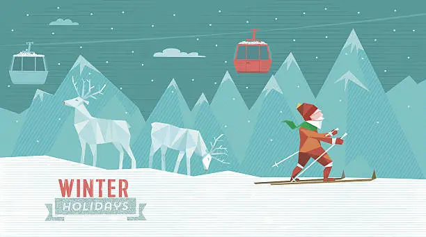 Vector illustration of abstract illustration of skiing man in winter holiday landscape