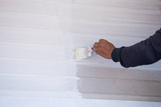 istock Hand holding brush painting timber wall 638124350